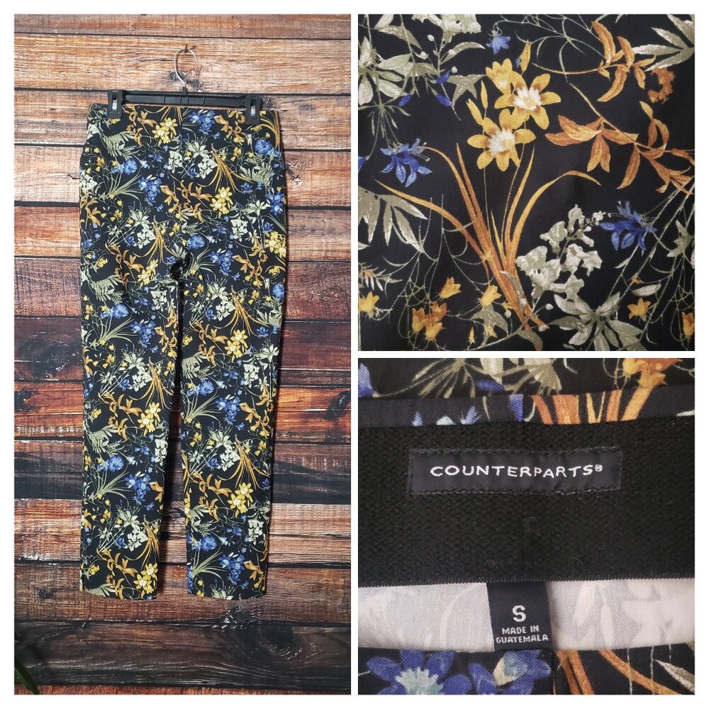 Counterparts Pants S Pull On Elastic Waist Stretch Ankle Floral Rayon Blend